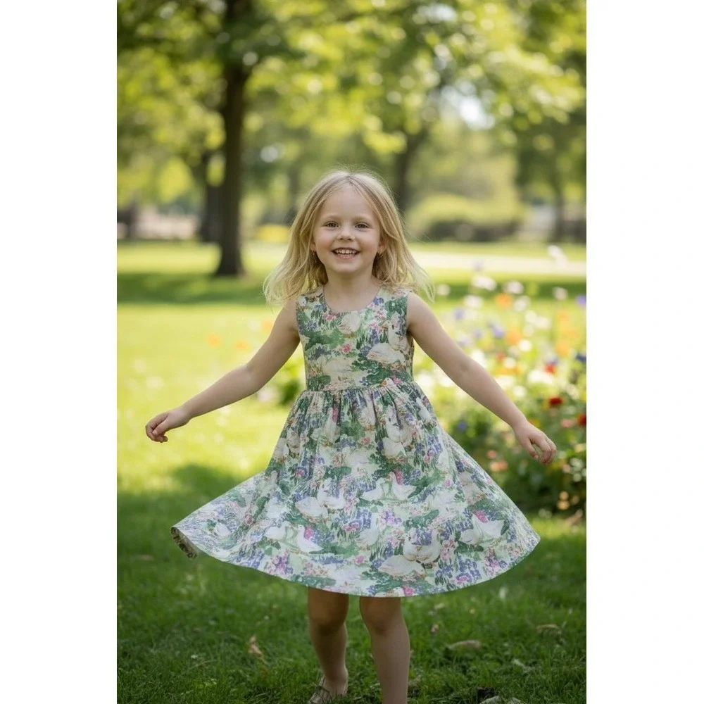 Homemade Girls A-Line Dress Size 4T Pastel Goose & Floral Print missing buttons